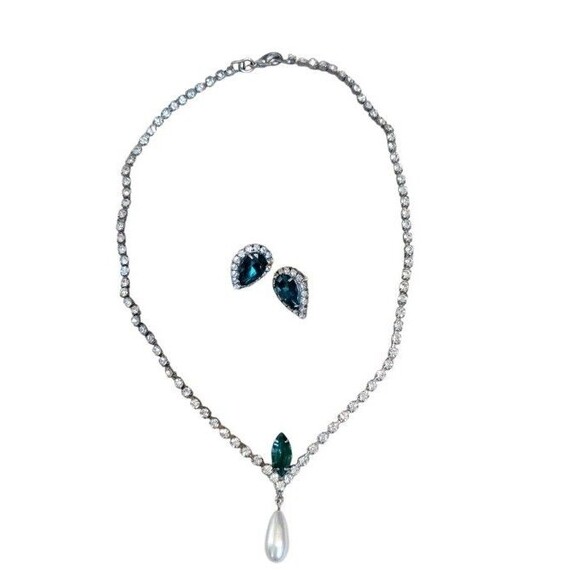 Vtg Faux Emerald Rhinestone Drop Clear Rhinestone Necklace Pierced Earring Set - Picture 1 of 5